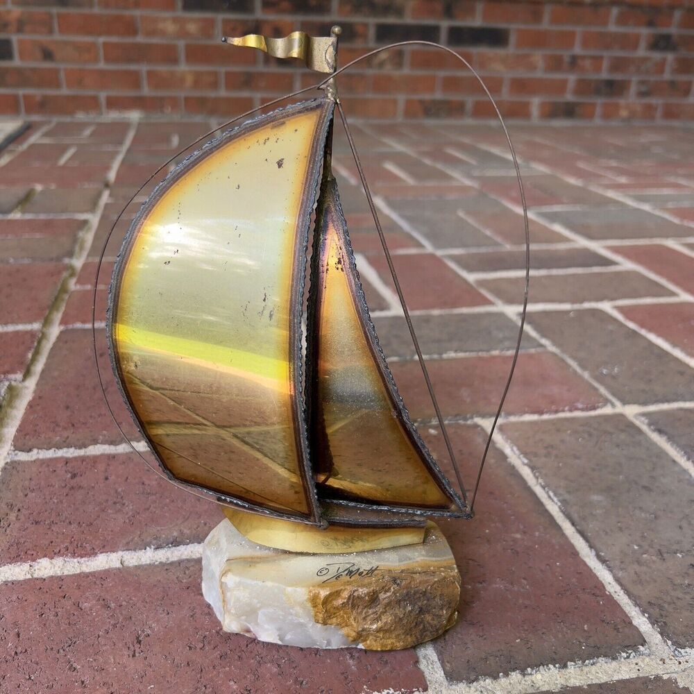 DeMott USA MCM Brutalist Brass  9.5” Sailboat‎ Sculpture Onyx Base Signed